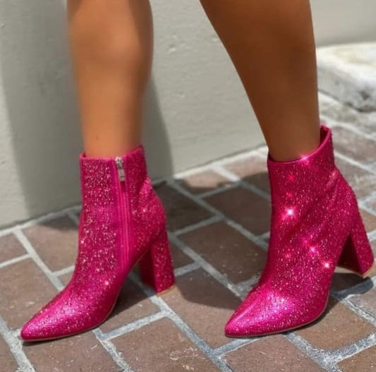 Women's Rhinestone Block Heel Mid Calf Ankle Booties Short Knee High Boots Runway