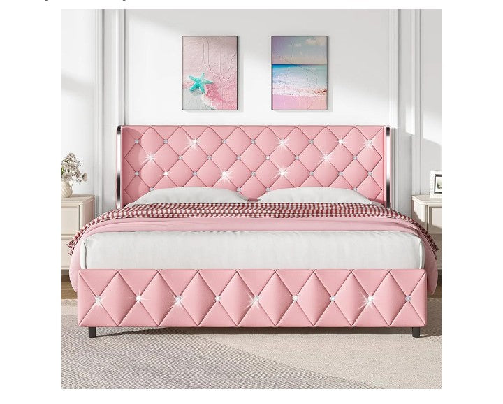 King Size Bed Frame and Headboard, Modern Upholstered Bed Frame with Diamond Tufted Headboard and Silver Wingback, Faux Leather, No Box Spring Needed, Easy Assembly,