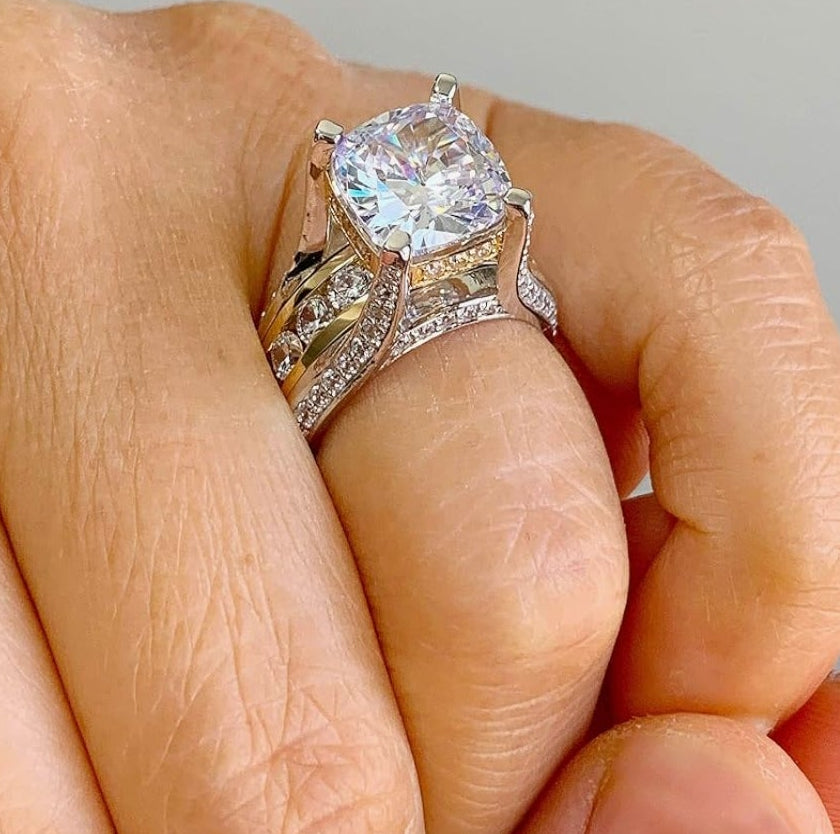 AMAZING 14K Solid And Heavy White and Yellow Gold Cushion and Round Cut Simulated Diamonds Engagement Ring Wedding Bridal Set 6.50ctw