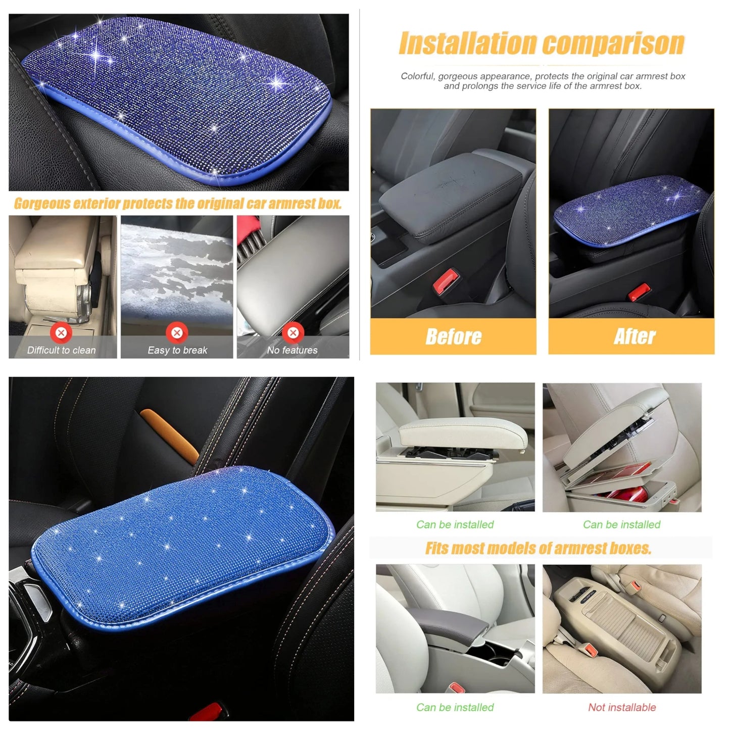 Bling Center Console Cover, Diamond Fashion ArmRest Pad, Crystal Soft Arm Rest Protective Cushion, Car Accessories for Women Girls, 11.8"×8.5" for Most of Vehicles, SUVs, Trucks