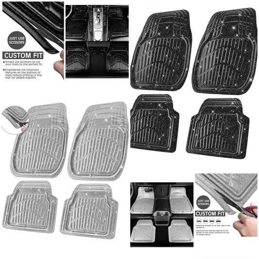 Shining Glitter Car Floor Mats 3D Leather Waterproof All Weather, Universal Trim to Fit & Anti-Slip, Safety & Light Easy Clean Install Fit for SUV,Truck,Auto,Sedan,Van Women 4 Piece (