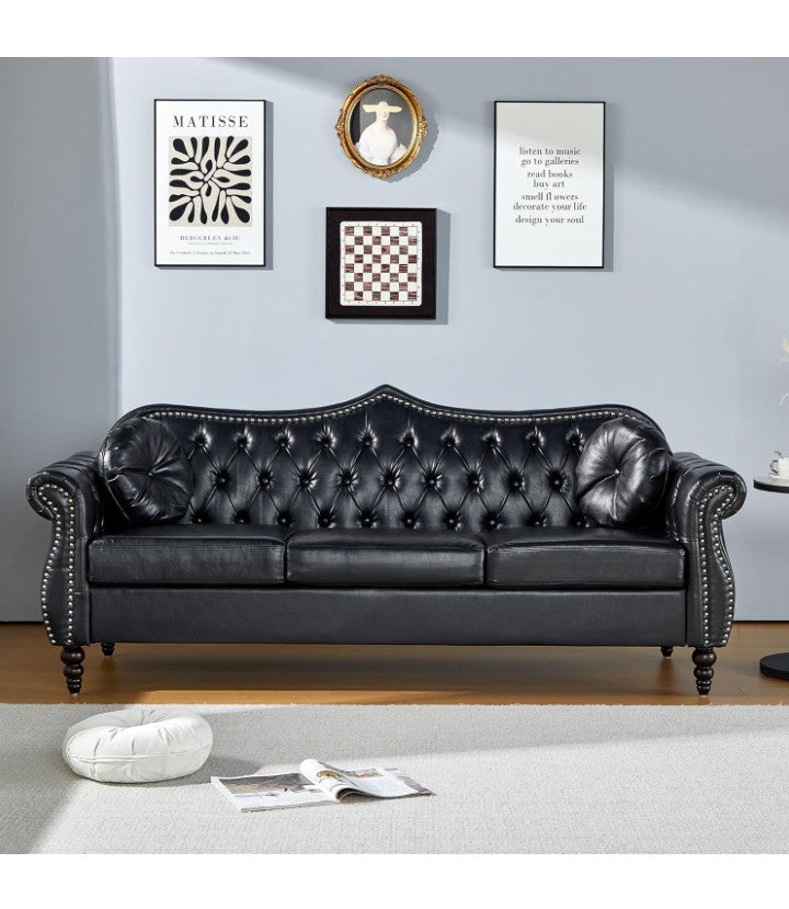 82" Three Seater Sofa, Chesterfield Sofa, Mid-Century Modern Velvet Upholstered Sofa, Deep Button Tufted Living Room Sofa with Two Throw Pillows,