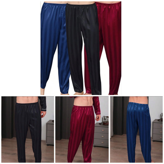 3 PCS Men's Long Pants Satin Striped Silk Pajamas COCOMONEY