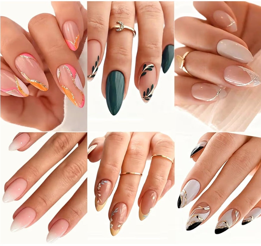 6 Packs (144 Pcs) Press on Nails Medium Almond Fake Nails French Tip False Nails with Designs Leaf Glue on Nail Full Cover Glossy Acrylic Stick on Nail for Women Manicure