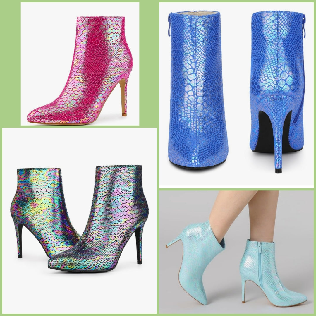 Snakeskin Printed Metallic Boots Pointed Toe Stiletto Heel Ankle Boots for Women