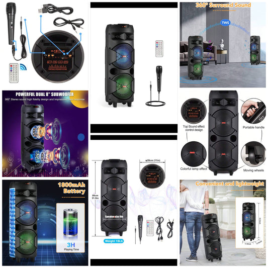 Dazone Bluetooth Speaker Wireless Portable Dual 8" Woofer Party PA Suond System Speaker Heavy Bass With Microphone, Remote Control, TWS, AUX, FM, LED