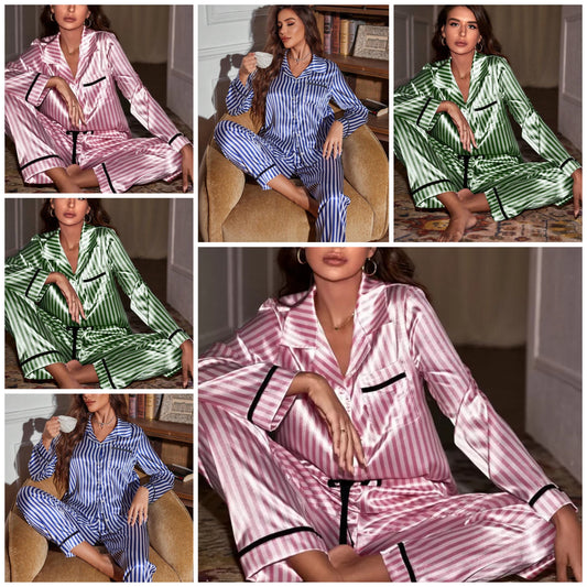 Striped Button Up Satin PJ Set / Pajama Set