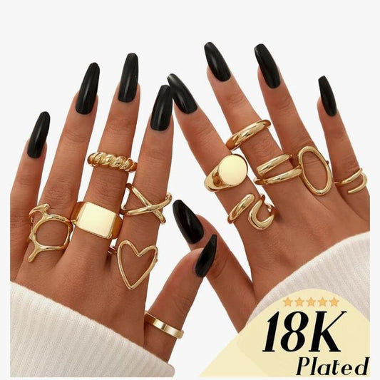 12PCS Gold plated Stackable Rings Set for Women, 18K Gold Plated Open Stacking Knuckle Ring, Adjustable Chunky Signet Rings for Gift