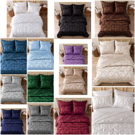 Satin Comforter 7 Pieces - Luxurious Pinch Pleat Bedding Set with Comforter, Flat Sheet, Fitted Sheet, Pillowcases & Shams, Super Silky Soft Bed Set for All Season