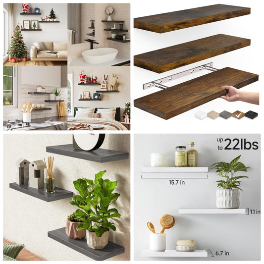 Floating Shelves for Wall, Wall Mounted Rustic Wood Shelves for Bathroom, Bedroom, Living Room, Kitchen, Hanging Shelf for Books/Storage/Room Decor with 22lbs Capacity (Black, Set of 3, 16in)