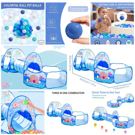 Children Ocean Pattern Three-Piece Set Ball Pit, Tunnel, Fence, Tent, Foldable Indoor Household Toy Basketball Pool, For Boys And Girls Balls included plastic polyester 3 and up. Phthalate Free Plastic Balls, Crush Proof 2.16"