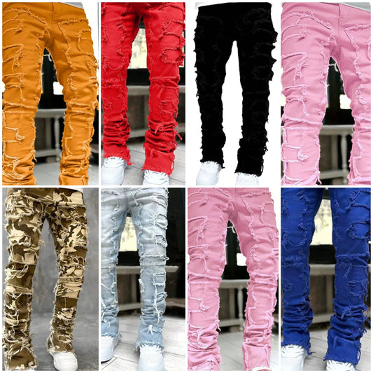 Mens Solid Raw Hem Skinny Jeans nice fit COCOMONEY