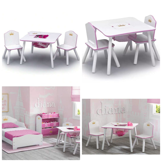 Children Princess Crown Toddler Table And Chair Set With Storage, Greenguard Gold, Wood, Pink