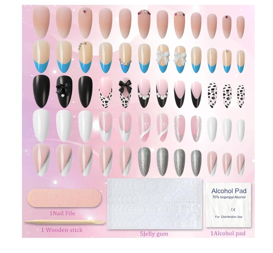 French Tip Press on Nails Packs, Medium Almond Fake Nails Kit, Glue on Nails Set, False Nails with Design, Stick On Nails for Women, Nails Press ons 5 Packs (120 Pcs)