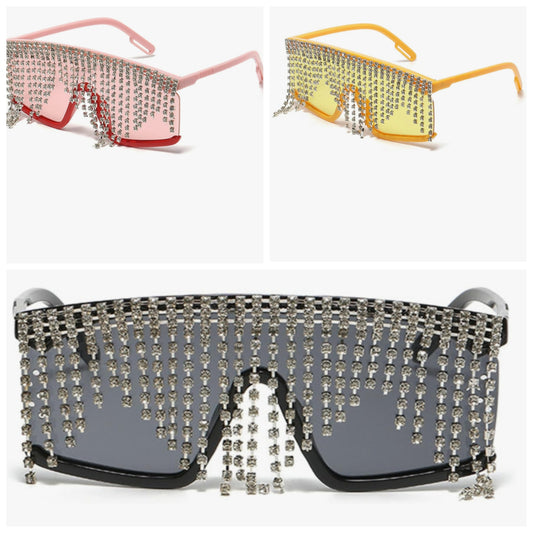 Super fun Mask Rhinestone Tassel sunglasses for women, frame embedded