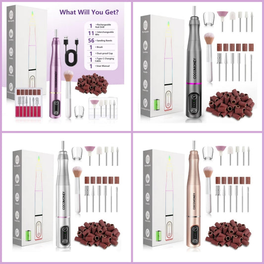 Nail Drill Cordless Electric Nail File Kit Rechargeable Professional Efile Nail Set, Portable Acrylic Gel Nail Polish Remover Machine Pedicure Manicure Tool, 11 Bits 56 Sanding Bands Salon Home
