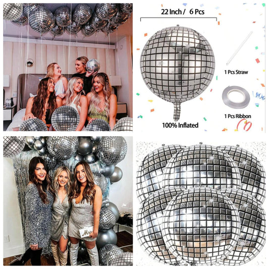6Pcs Silver Disco Ball Balloons Decorations 22 Inch 4D Sphere Disco Balloons For Disco Party Decorations 70s Party Decorations, Disco Decorations Mamma Mia Party Decorations, Back To School material pe