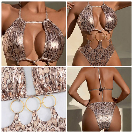 European & American Women Snake Skin Pattern Special Material Ring Shoulder Strap Sexy One-Piece Swimsuit COCOMONEY