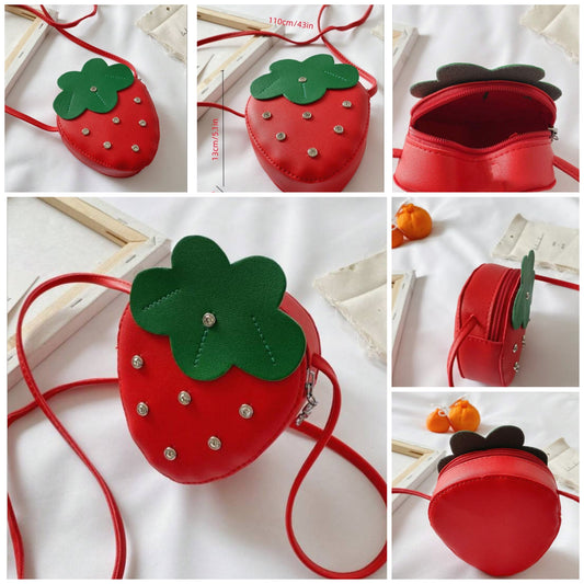 1pc Young Girl PU Leather Zipper Closure Cute Rhinestone Strawberry Mini Crossbody Bag For Daily Use