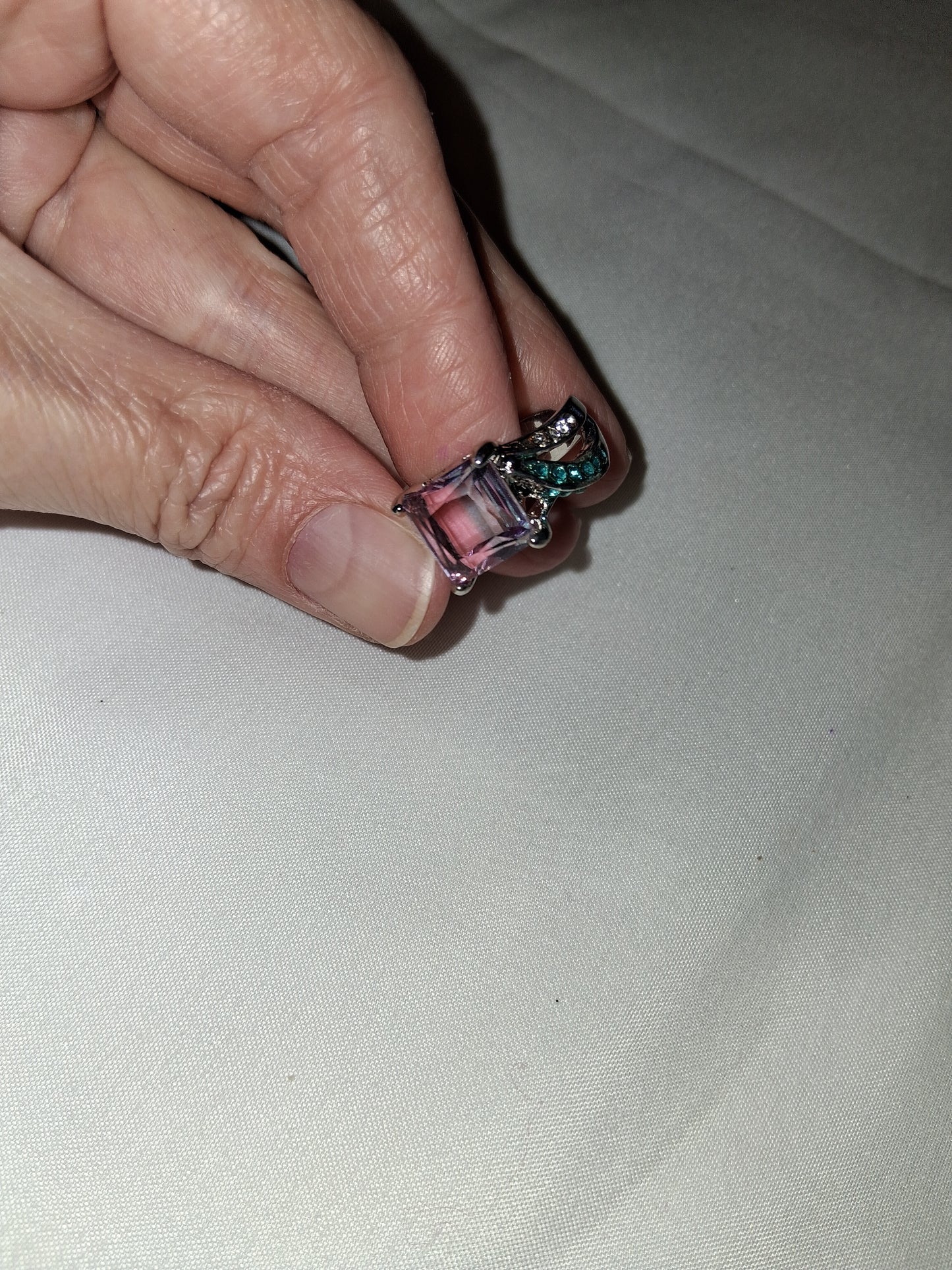 Costume silver plated pink blue ring size 10