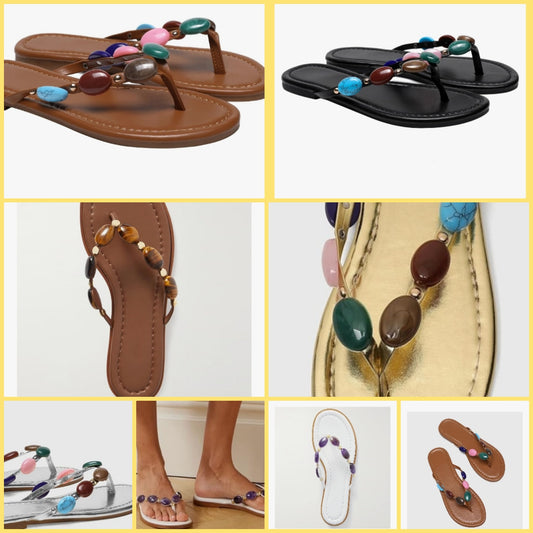 Jeweled Thong Strap Open Toe Flip Flops Comfy Slip on Flats Sandals Casual Summer Beach Slippers