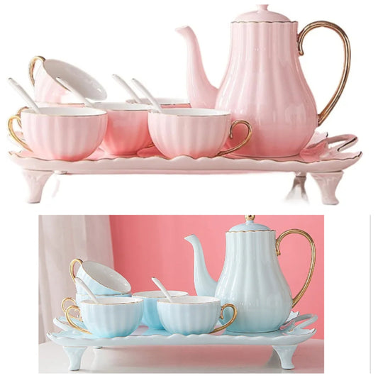 Ceramic Tea Sets, China Coffee Set ，Tea Set, 8 Pieces Porcelain Tea Sets White Ceramic Tea Service for Adults 1 Teapot Set of 6 Coffee Cups with Tray and Teaspoons (Pink) (Color :