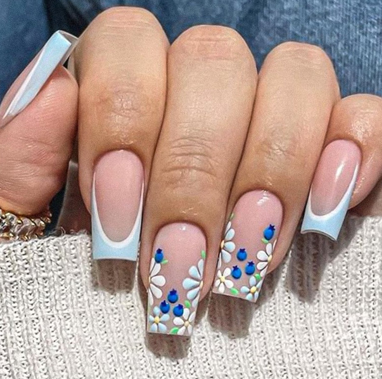 6-Pack Square Press-On Nails: 12 Sets (144 Pcs) French Tip Fake Nails with Flower Design - Full Cover, Colourful Artificial, Reusable False Nails Kit - Cute Glue-On Nails for Women & Girls