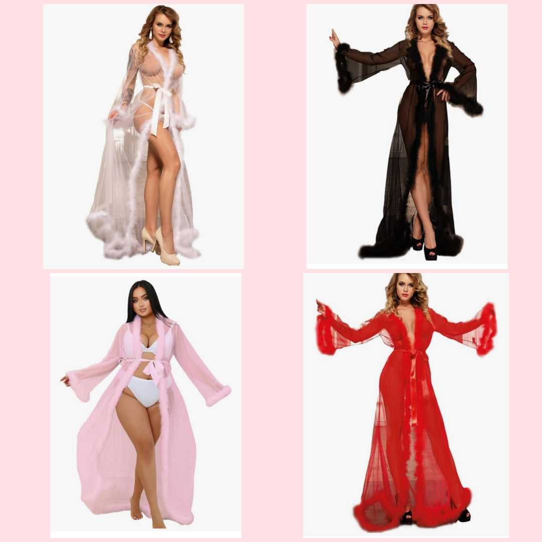 Feather Bridal Robe for Wedding Plus Size Lingerie Robe with Fur Nightgown Bathrobe Tulle Cocomoney