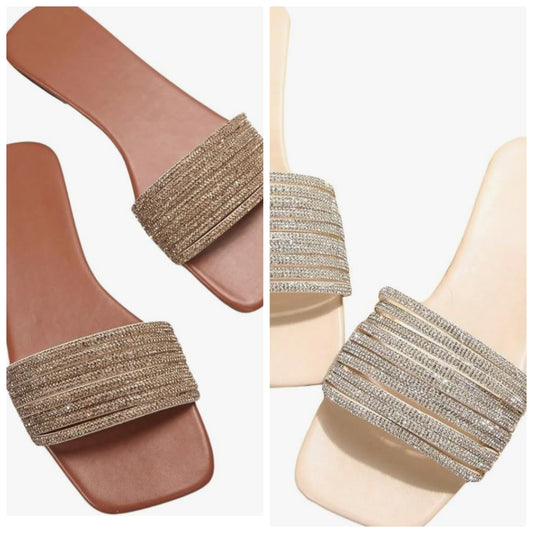 Women's Rhinestone Sparkly Sandals Glitter Square Open Toe Dressy Summer Flat Sandals