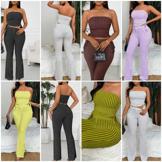 Striped Bandeau Top And Pants 2 Piece Set, Minimalistic Fashion Suitable For Summer COCOMONEY