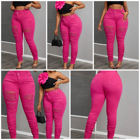 Elastic Dusty Rose Ripped Tight Fit Jeans Women Summer Outfits Pink Jeans COCOMONEY