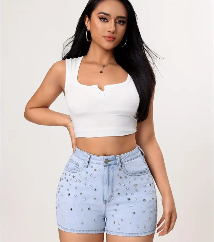 COCOMONEY DENIM RHINESTONE shorts