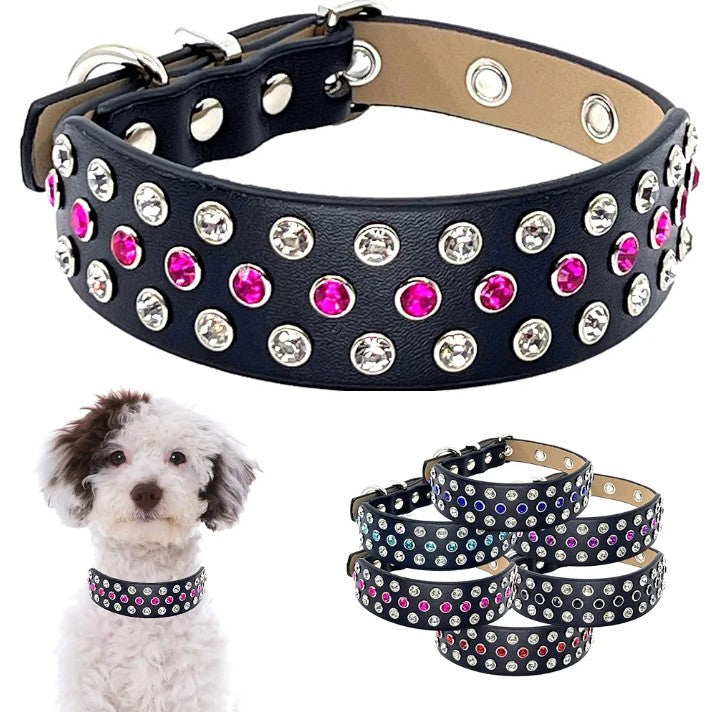 Rhinestone Pet Collar with Fancy Aqua Bling Stones Studded in Wide Black Microfiber Leather, Designer Details Adjustable for Boy and Girl Pets