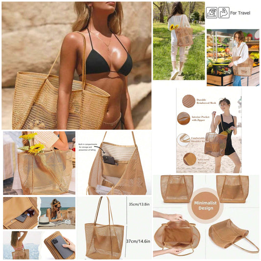 Mesh Tote Bag ,Casual Tote Bag Women Foldable Shoulder Handbag For Picnic ,Waterproof ,T Foldable ,Bag Essentials ,Multifunctional Shoulder Shopping Bag Handheld Mesh Hollow Out Bag Hollow Bag ,Bath Swimming Storage Bags ,Multifunctional Toiletry Bag ,