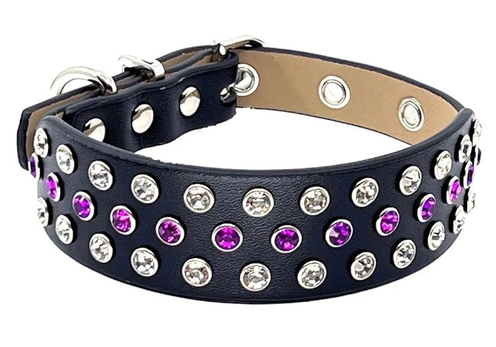 Rhinestone Pet Collar with Fancy Aqua Bling Stones Studded in Wide Black Microfiber Leather, Designer Details Adjustable for Boy and Girl Pets