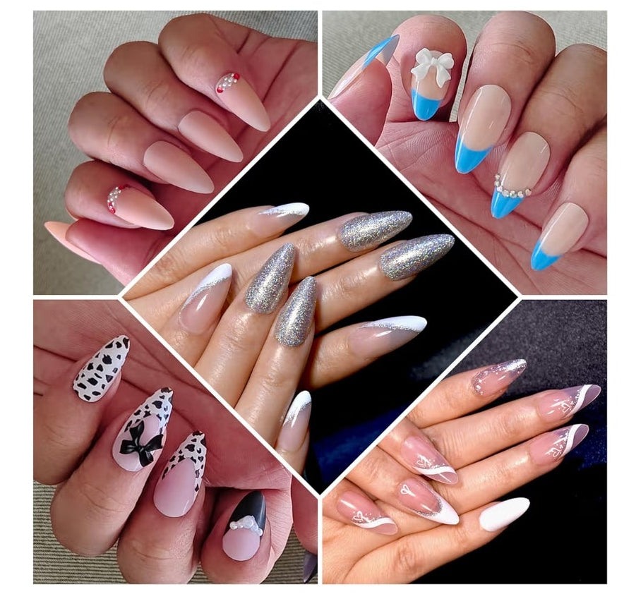 French Tip Press on Nails Packs, Medium Almond Fake Nails Kit, Glue on Nails Set, False Nails with Design, Stick On Nails for Women, Nails Press ons 5 Packs (120 Pcs)