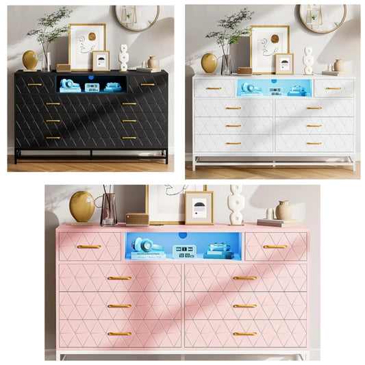 Dresser for Bedroom, 8 Drawer Dresser with Power Outlet, 55" Tv Stand Large Dresser Wooden with Led Light, Modern Dresser with Deep Drawers, Long Wide Chest of Drawers Storage Dresser