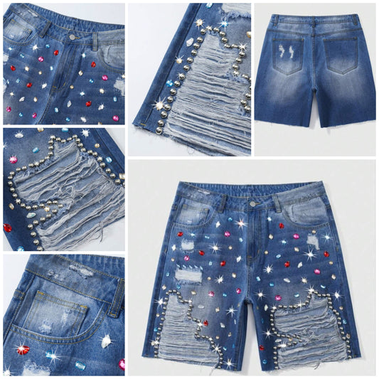 Men's Diamond Decor Washed Distressed Denim Jeans Shorts COCOMONEY