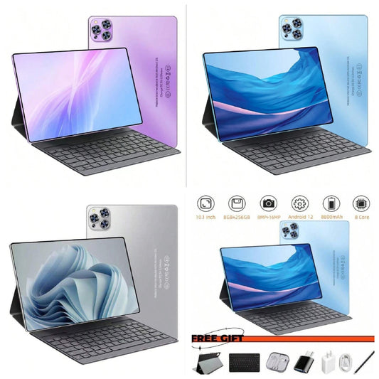 New 2024 Android 12 Tablet 8 Core 2.0Ghz/8GB RAM/256GB ROM Support 256GB SD Expansion/10.1-Inch 1920*1080 LED Screen/5G.4G WIFI /Dual SIM Card Callable/8800mah/Type-C/8mp+16mp Webcam/With Leather Case, Keyboard, Stylus, Adapter, Earphones,OTC Connectors