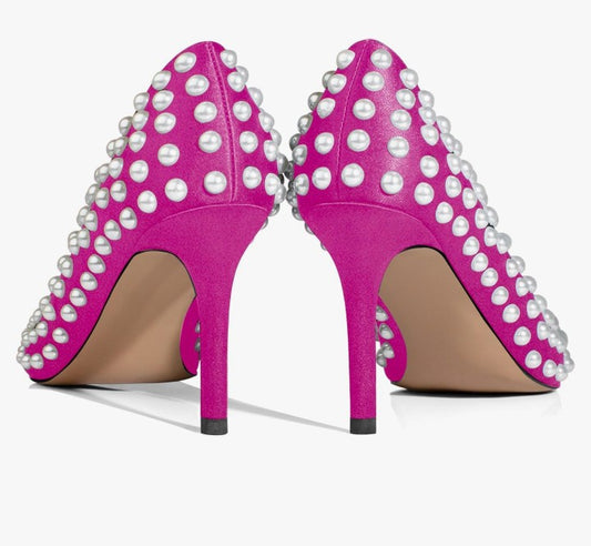Sexy Stiletto High Heel Pumps Chic Pearl Studded Slip-on Shoes Satin Pointed Toe Fashion Dress