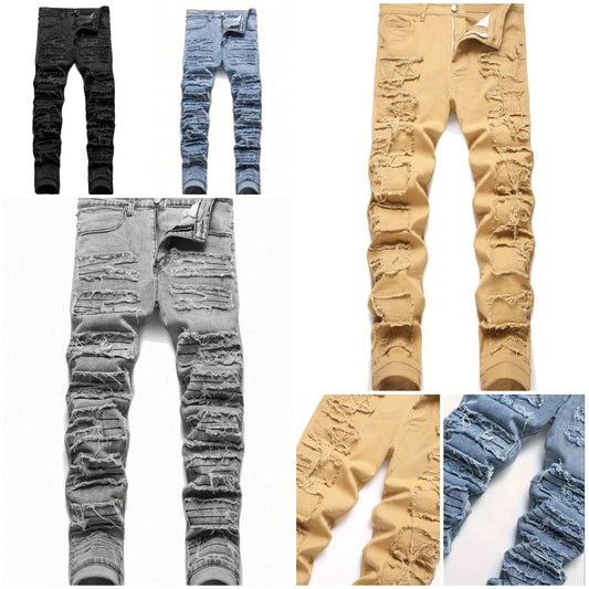 Mens fashion fringe elastic skinny jeans COCOMONEY