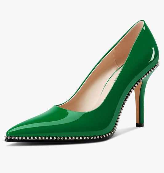 Womens Stiletto Mid Heel Pointed Toe Pumps Slip-on Sliver Beaded Prom Wedding Dress Basic Classic Patent Leather 3.5 Inches Heels