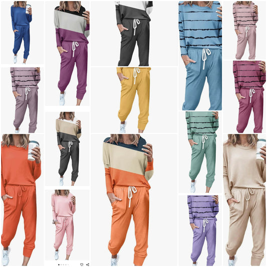 Two Piece Fall Outfits for Women 2024 Long Sleeve Striped/Color Block Tops and Pants Lounge Sets Tracksuit with Pocket