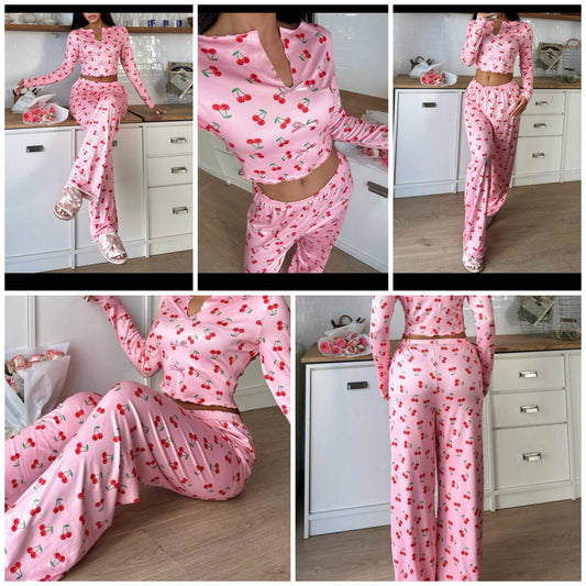 Cherry Pattern V-Neck Long Sleeve Top & Pants Pajama Set For Women