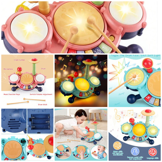 Kids Drum Set,Light&Microphone,Electric Musical Instruments Toys W/2 Drum Sticks abs 3 and up