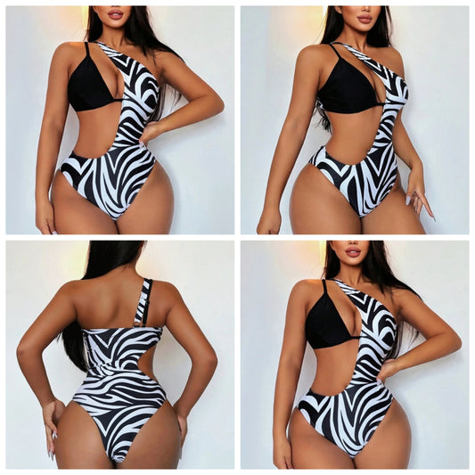 Zebra Print Cut-Out Back One-Piece Swimsuit COCOMONEY