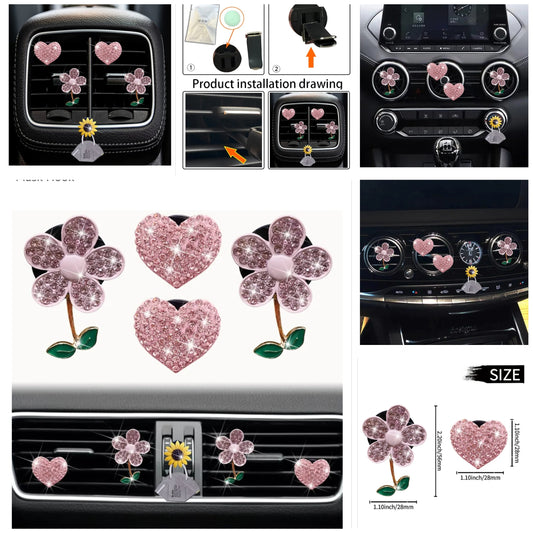 Bling Flower & Heart Air Vent Clips, 4 Pcs Pink Daisy Car Air Fresheners Vents Clips Car Diffuser Diamond Car Interior Decor Cute Car Accessories Car Decoration for Women + Mask Hook