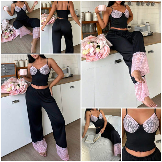 Lace Trim Bow Decor Y2K Style Women Pajama Set