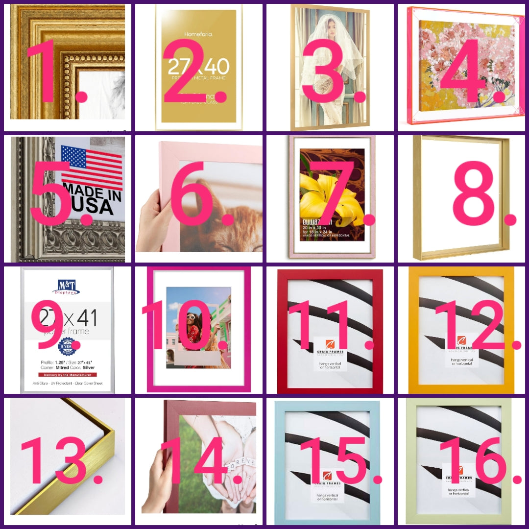 Picture frames multiple options and sizes as seen in picture