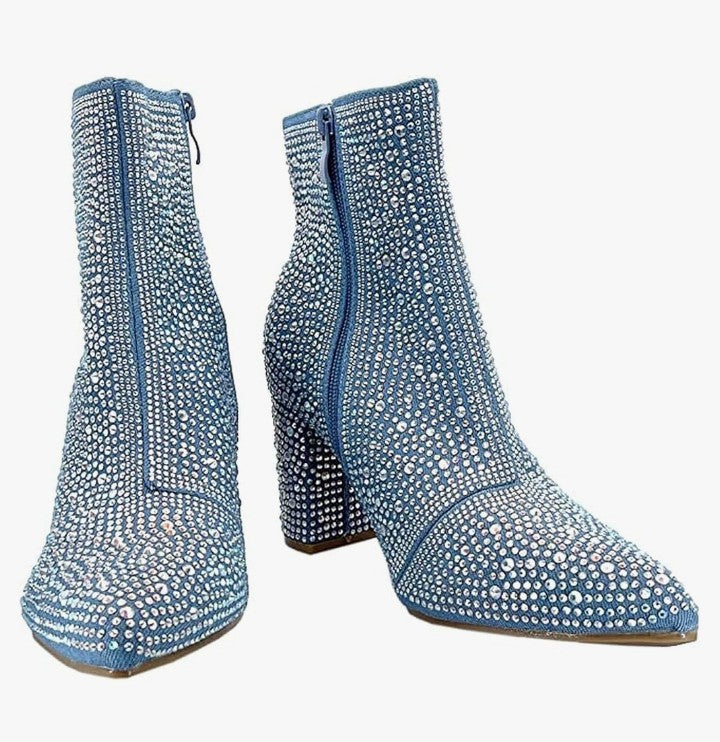 Rhinestone Block Chunky Heel Ankle Bootie